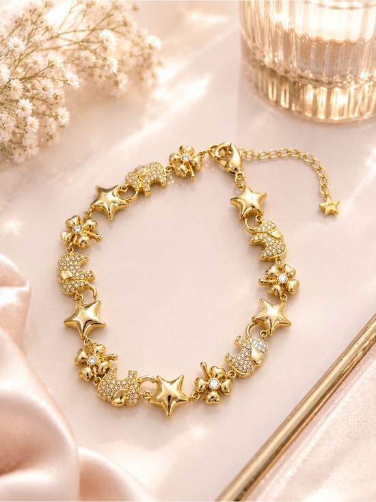 None Jewelry - ✨ Gold Tone Elephant Star & Flower Charm Bracelet | Crystal Accents